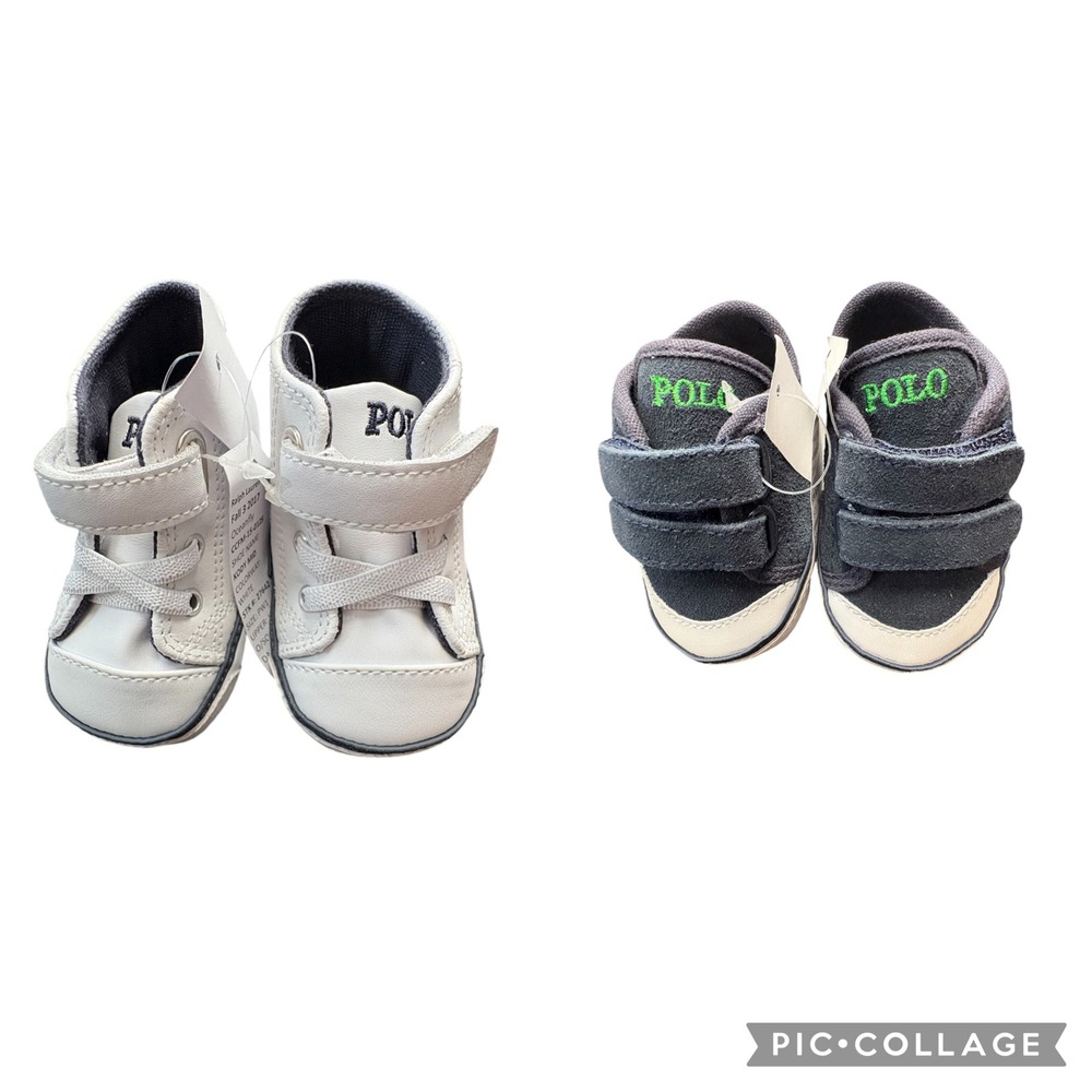 Polo Ralph Lauren 2 Pair Infant Sz1 Shoes Sneakers White Leather/Blue Velvet